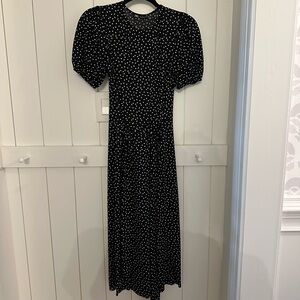 zara printed midi dress with belt black polka dot